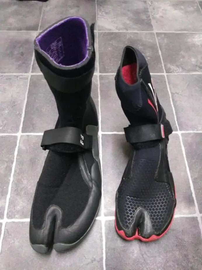 surf wetsuit booties side by side